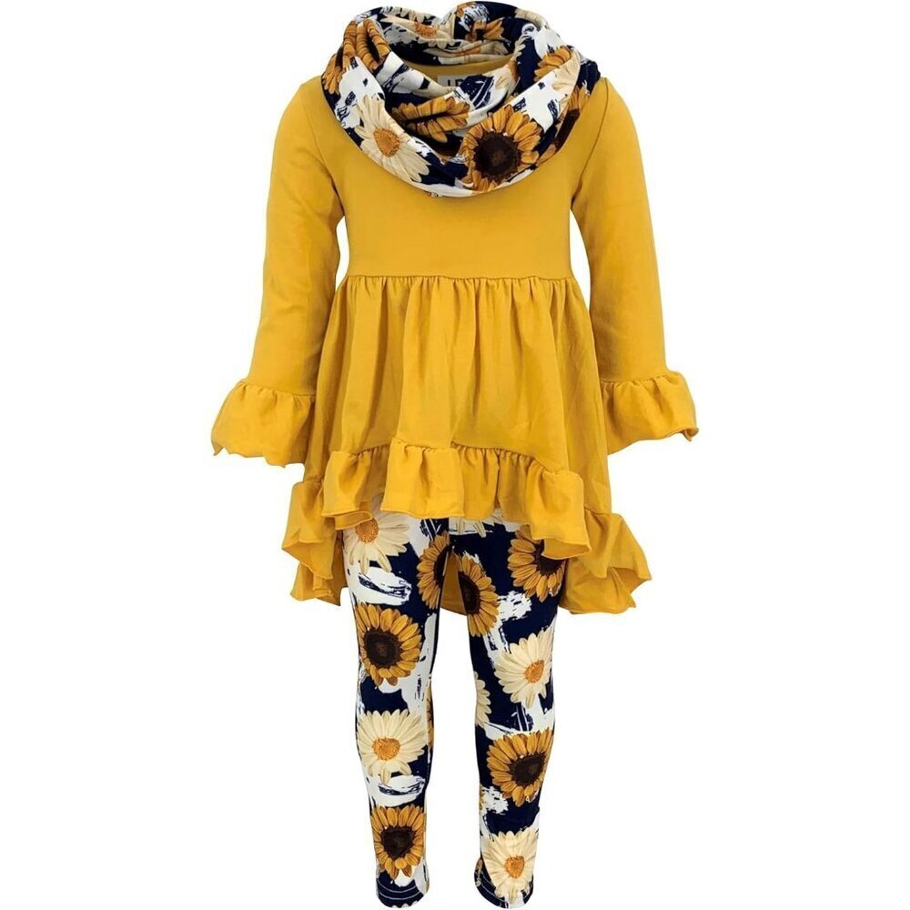 Girls Kids Toddler 3pc Outfit Set Long Sleeve Cotton Blend Tunic Top Leggings an